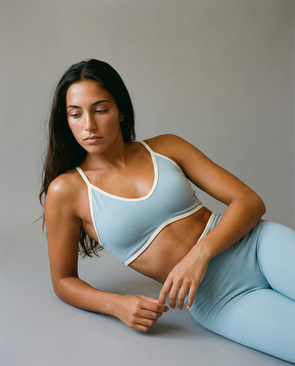 AYRAWER Dynamic Set Sky featuring vibrant blue fabric and modern design, displayed on a mannequin with a stylish, contemporary look.